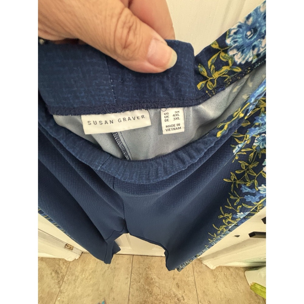 Susan Graver Pants Womens 3X Navy Blue Floral Side Stripe Pull On Plus Stretch - Picture 4 of 6